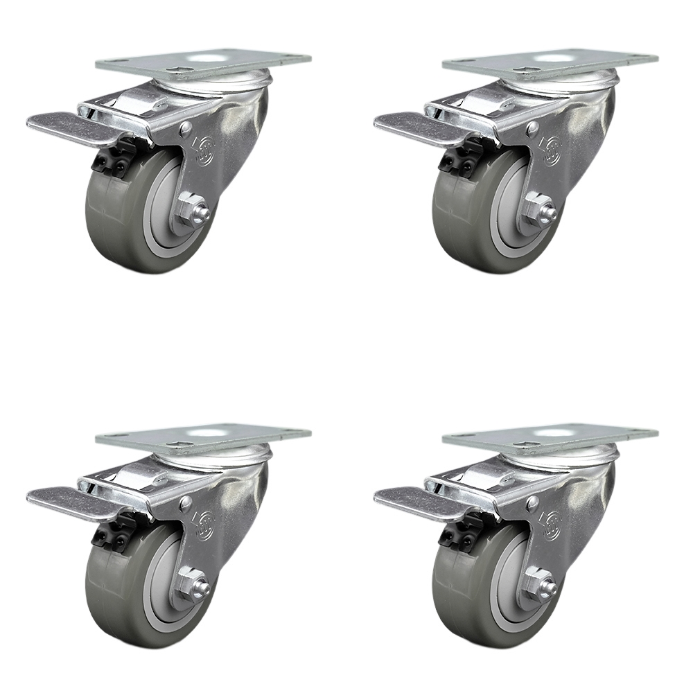 Polyurethane Swivel Top Plate Caster Set of 4 with 3 Inch Gray Wheels - Includes 4 Swivel with Total Lock Brakes - 1200 lbs. Total Capacity - Service Caster Brand — photo 1