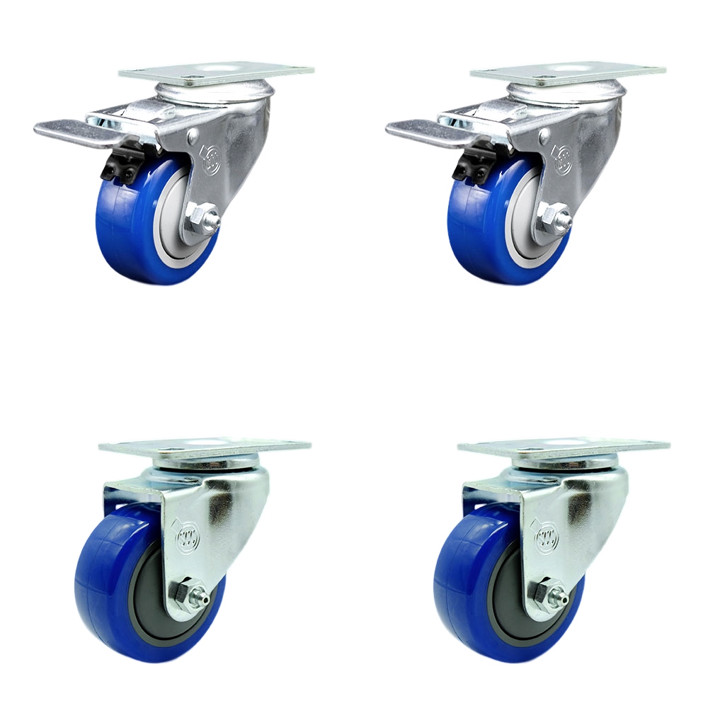 Polyurethane Swivel Top Plate Caster Set of 4 with 3 Inch Blue Wheels - Includes 2 Swivel with Total Locking Brakes and 2 Swivel - 1200 lbs. Total Capacity - Service Caster Brand — photo 1