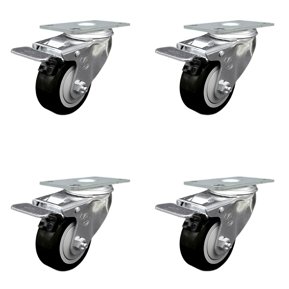 Polyurethane Swivel Top Plate Caster Set of 4 with 3 Inch Black Wheels - Includes 4 Swivel with Total Lock Brakes - 1200 lbs. Total Capacity - Service Caster Brand — photo 1