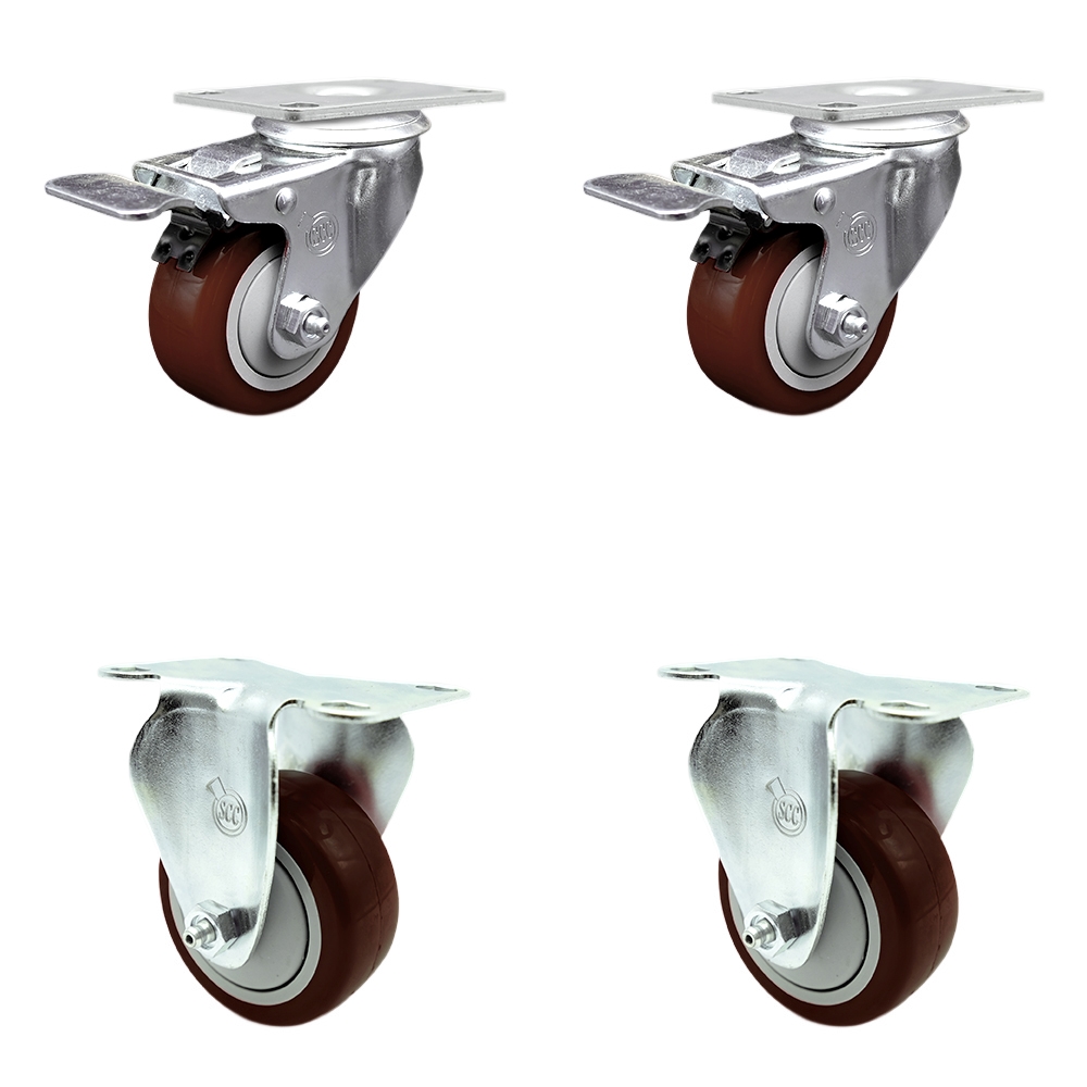 Polyurethane Swivel Top Plate Caster Set of 4 with 3 Inch Maroon Wheels - Includes 2 Swivel with Total Locking Brakes and 2 Rigid - 1200 lbs. Total Capacity - Service Caster Brand — photo 1