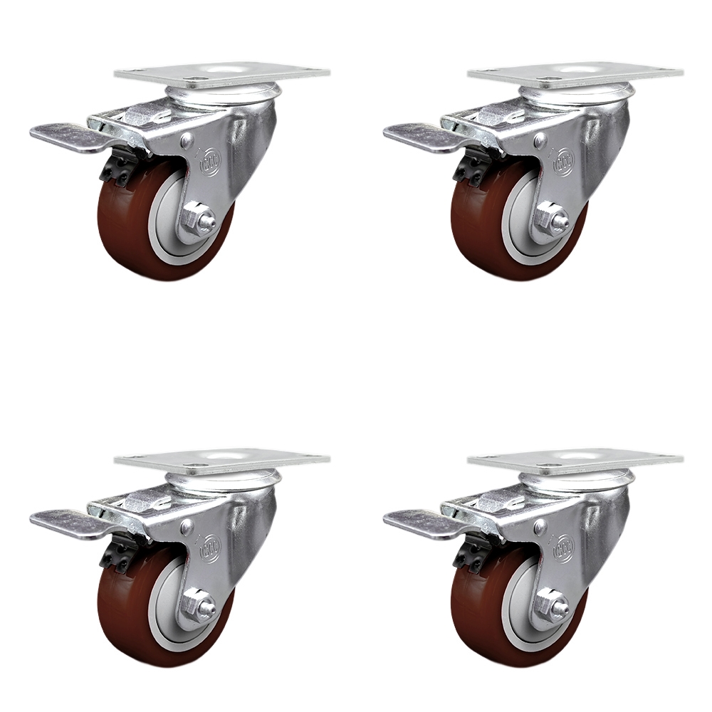 Polyurethane Swivel Top Plate Caster Set of 4 with 3 Inch Maroon Wheels - Includes 4 Swivel with Total Lock Brakes - 1200 lbs. Total Capacity - Service Caster Brand — photo 1