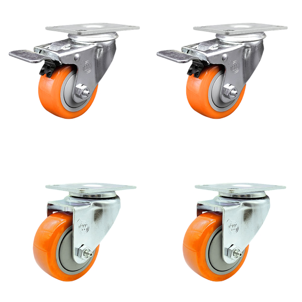 Polyurethane Swivel Top Plate Caster Set of 4 with 3 Inch Orange Caster Wheels - 316 Stainless Steel Casters - Includes 2 Swivel with Total Lock Brakes and 2 Swivel - Service Caster Brand — photo 1
