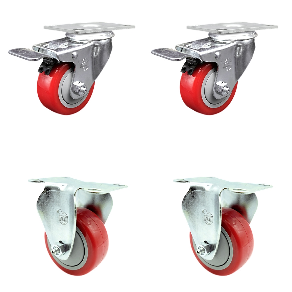 Polyurethane Swivel Top Plate Caster Set of 4 with 3 Inch Red Wheels - Includes 2 Swivel with Total Locking Brakes and 2 Rigid - 1200 lbs. Total Capacity - Service Caster Brand — photo 1