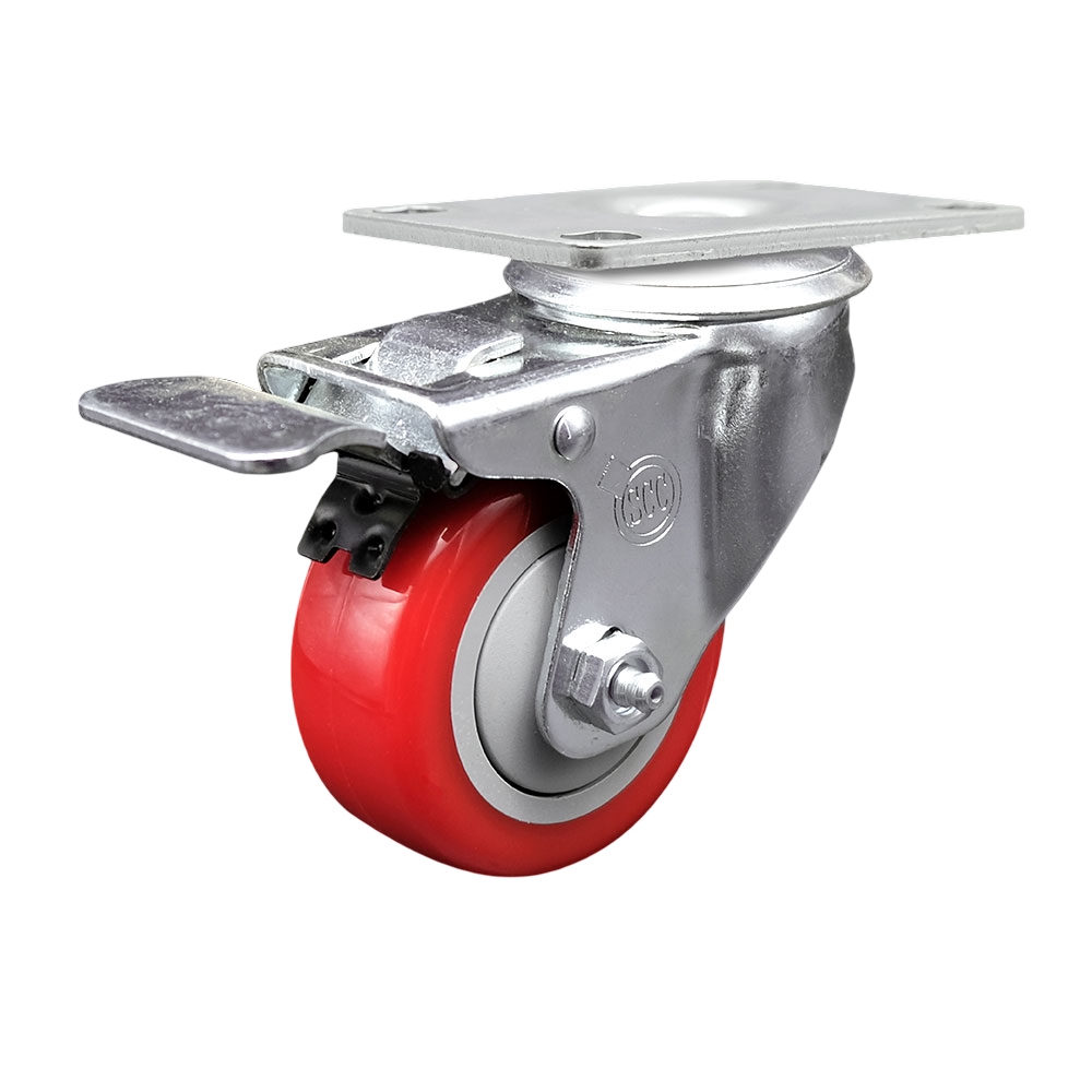 3 Inch Swivel Caster with Red Polyurethane Wheel and Total Lock Brake - 300 lbs Capacity per Caster - Service Caster Brand — photo 1