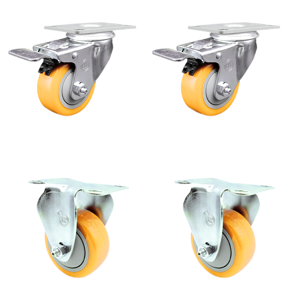 Polyurethane Swivel Top Plate Caster Set of 4 with 3 Inch Yellow Caster Wheels - 316 Stainless Steel Casters - Includes 2 Swivel with Total Lock Brakes and 2 Rigid - Service Caster Brand — photo 1