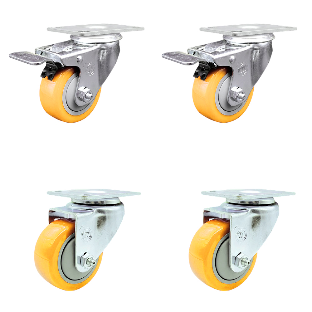 Polyurethane Swivel Top Plate Caster Set of 4 with 3 Inch Yellow Wheels - Includes 2 Swivel with Total Locking Brakes and 2 Swivel - 1200 lbs. Total Capacity - Service Caster Brand — photo 1