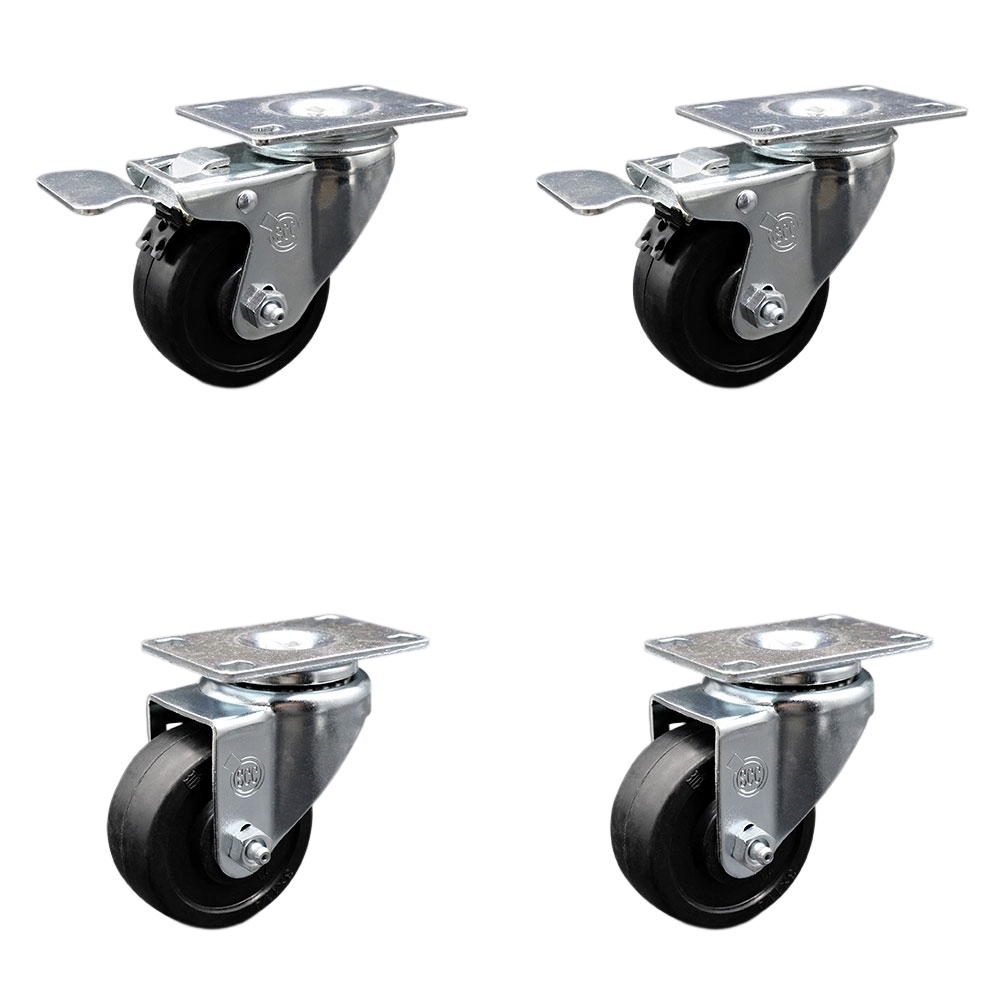 Soft Rubber Swivel Top Plate Caster Set of 4 with 3 Inch Black Wheels - Includes 2 Swivel with Total Locking Brakes and 2 Swivel - 700 lbs. Total Capacity - Service Caster Brand — photo 1