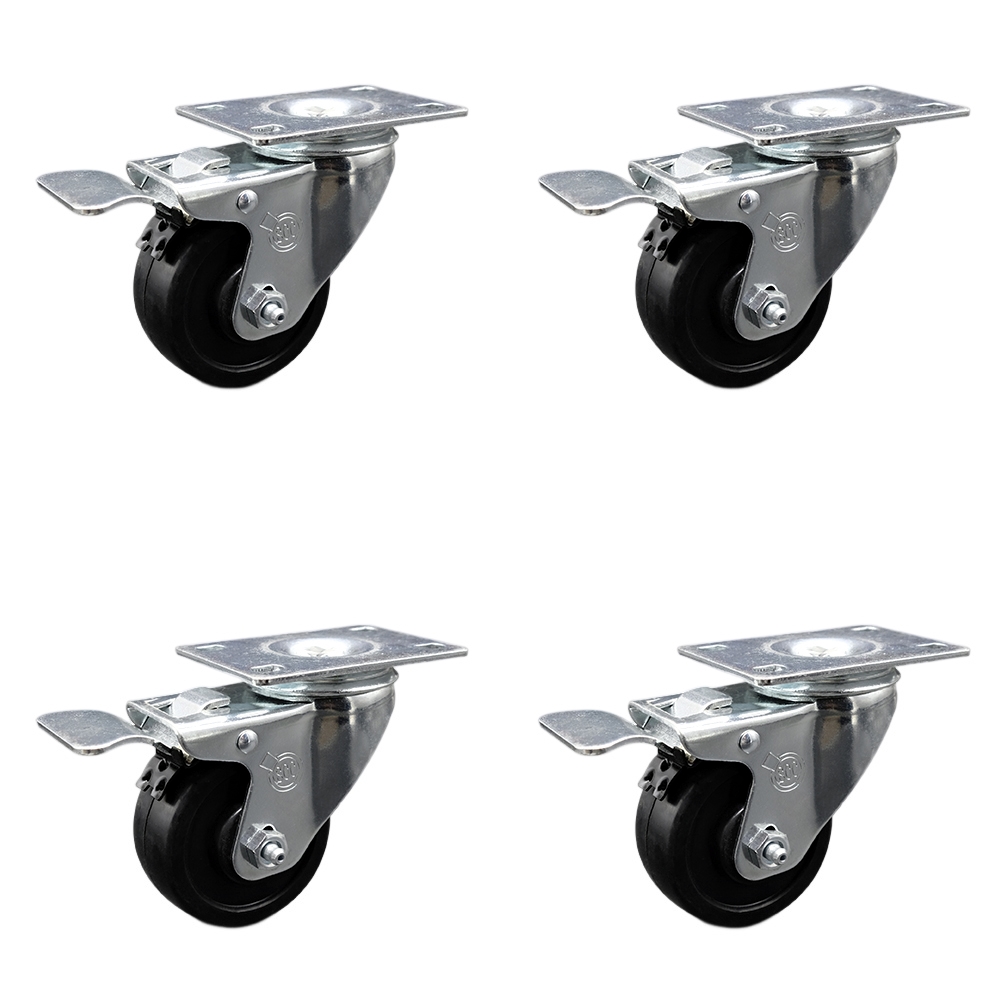 Soft Rubber Swivel Top Plate Caster Set of 4 with 3 Inch Black Wheels - Includes 4 Swivel with Total Lock Brakes - 700 lbs. Total Capacity - Service Caster Brand — photo 1