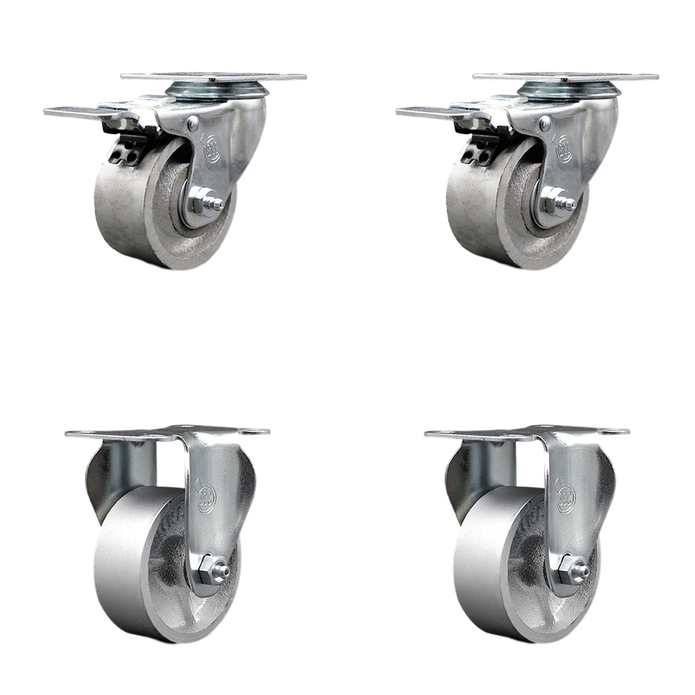 Semi Steel Cast Iron Swivel Top Plate Caster Set of 4 with 3 Inch Silver Wheels - Includes 2 Swivel with Total Locking Brakes and 2 Rigid - 1200 lbs. Total Capacity - Service Caster Brand — photo 1