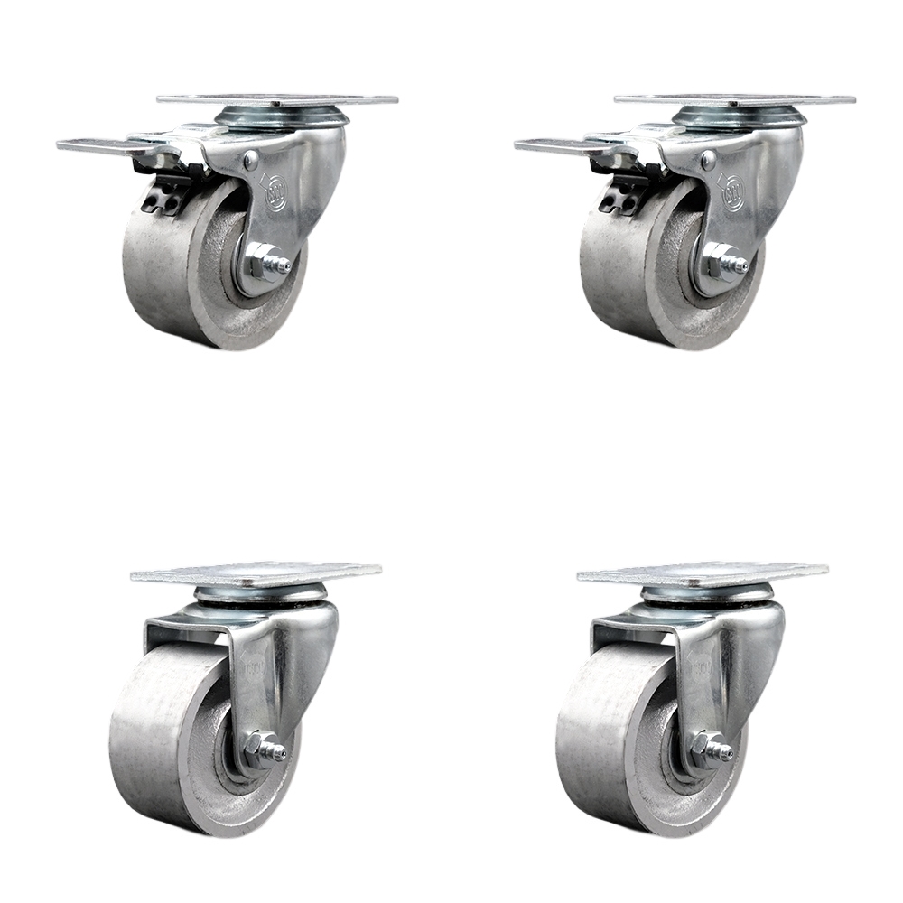 Semi Steel Cast Iron Swivel Top Plate Caster Set of 4 with 3 Inch Silver Wheels - Includes 2 Swivel with Total Locking Brakes and 2 Swivel - 1200 lbs. Total Capacity - Service Caster Brand — photo 1