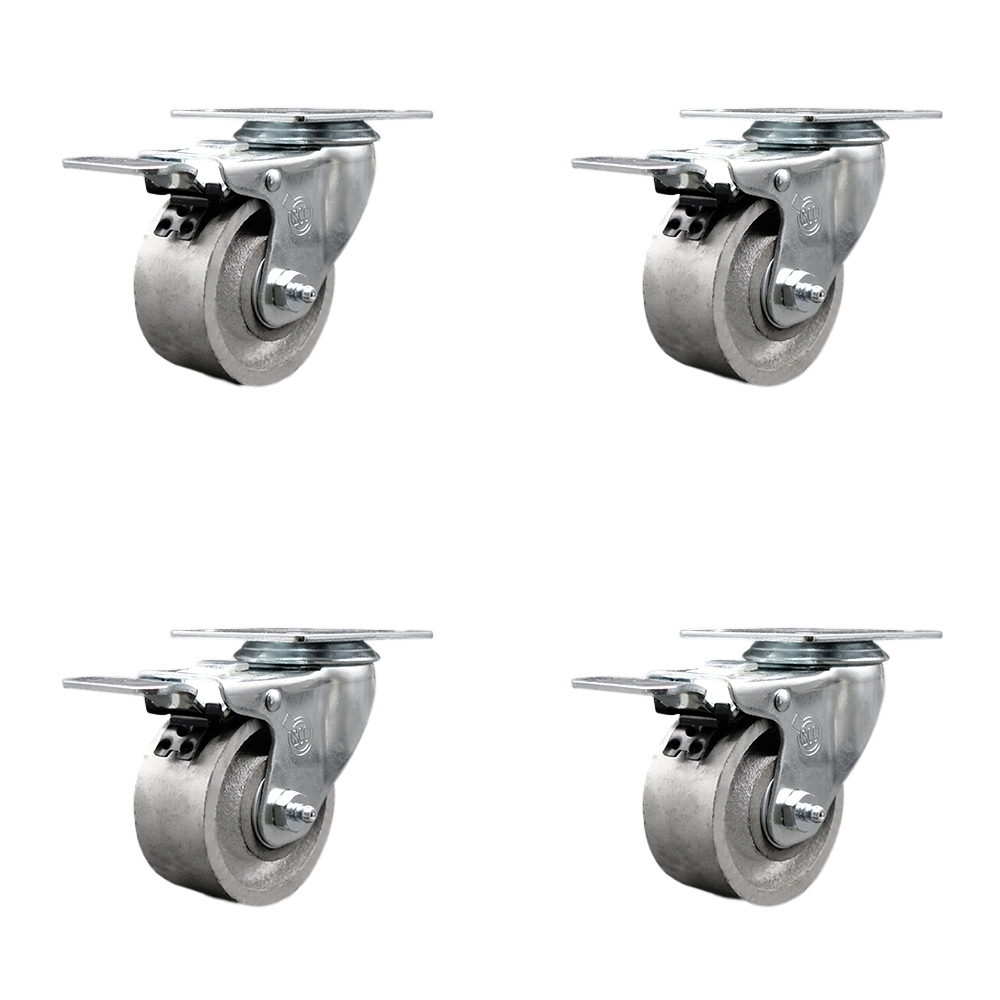Semi Steel Cast Iron Swivel Top Plate Caster Set of 4 with 3 Inch Silver Wheels - Includes 4 Swivel with Total Lock Brakes - 1200 lbs. Total Capacity - Service Caster Brand — photo 1