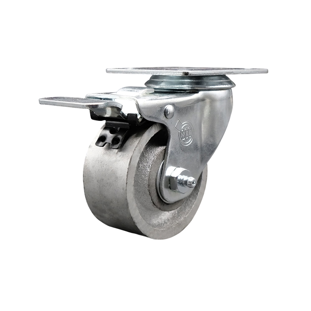 Semi Steel Cast Iron Swivel Top Plate Caster with 3 Inch Silver Wheel and Total Locking Brake - 300 lbs. Capacity Per Caster - Service Caster Brand — photo 1