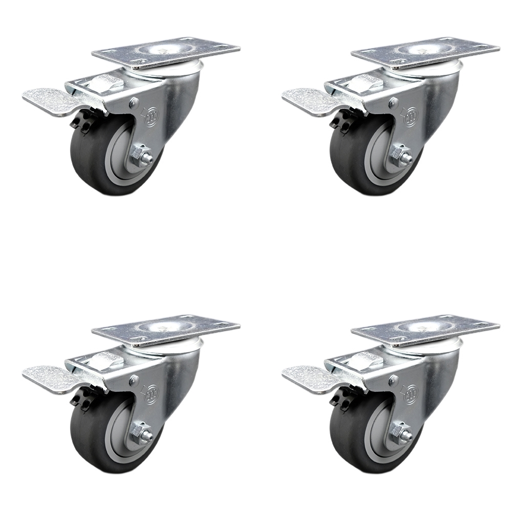 Thermoplastic Rubber Swivel Top Plate Caster Set of 4 with 3 Inch Gray Wheels - Includes 4 Swivel with Total Lock Brakes - 840 lbs. Total Capacity - Service Caster Brand — photo 1