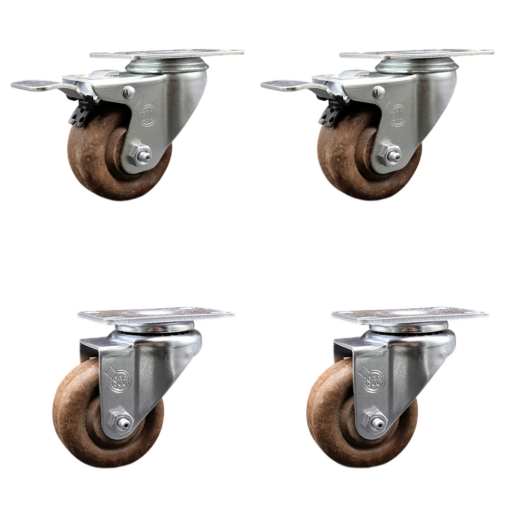 High Temp Glass Filled Nylon Swivel Top Plate Caster Set of 4 with 3.5 Inch Wheels-Include 2 Swivel with Total Locking Brake and 2 Swivel-1400 lbs. Total Capacity- Service Caster Brand — photo 1