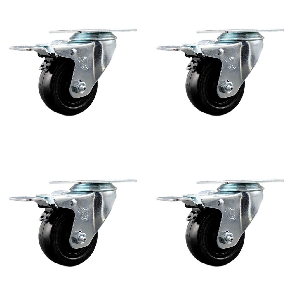 Hard Rubber Swivel Top Plate Caster Set of 4 with 3.5 Inch Black Wheels - Includes 4 Swivel with Total Lock Brakes - 1140 lbs. Total Capacity - Service Caster Brand — photo 1