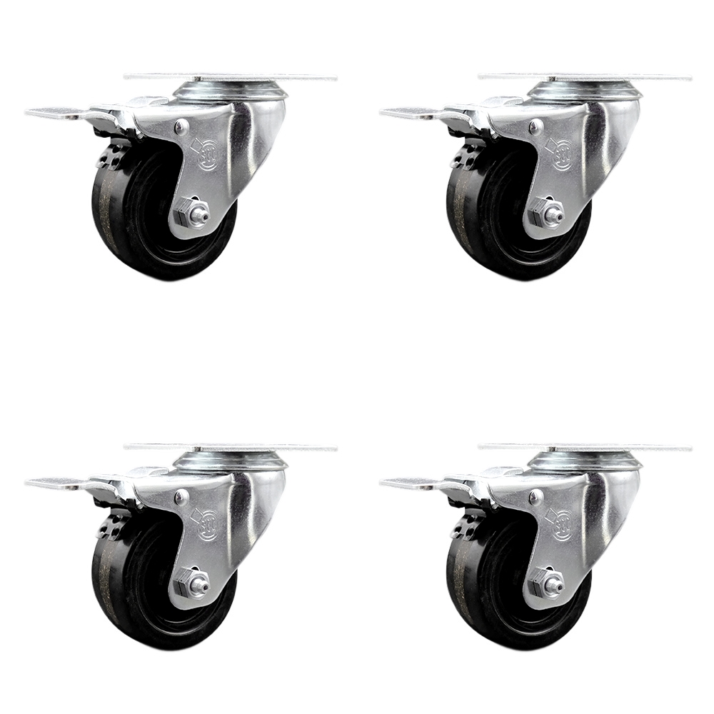 Phenolic Swivel Top Plate Caster Set of 4 with Roller Bearings - 3.5 Inch Black Wheels - Includes 4 Swivel with Total Lock Brakes - 1200 lbs. Total Capacity - Service Caster Brand — photo 1