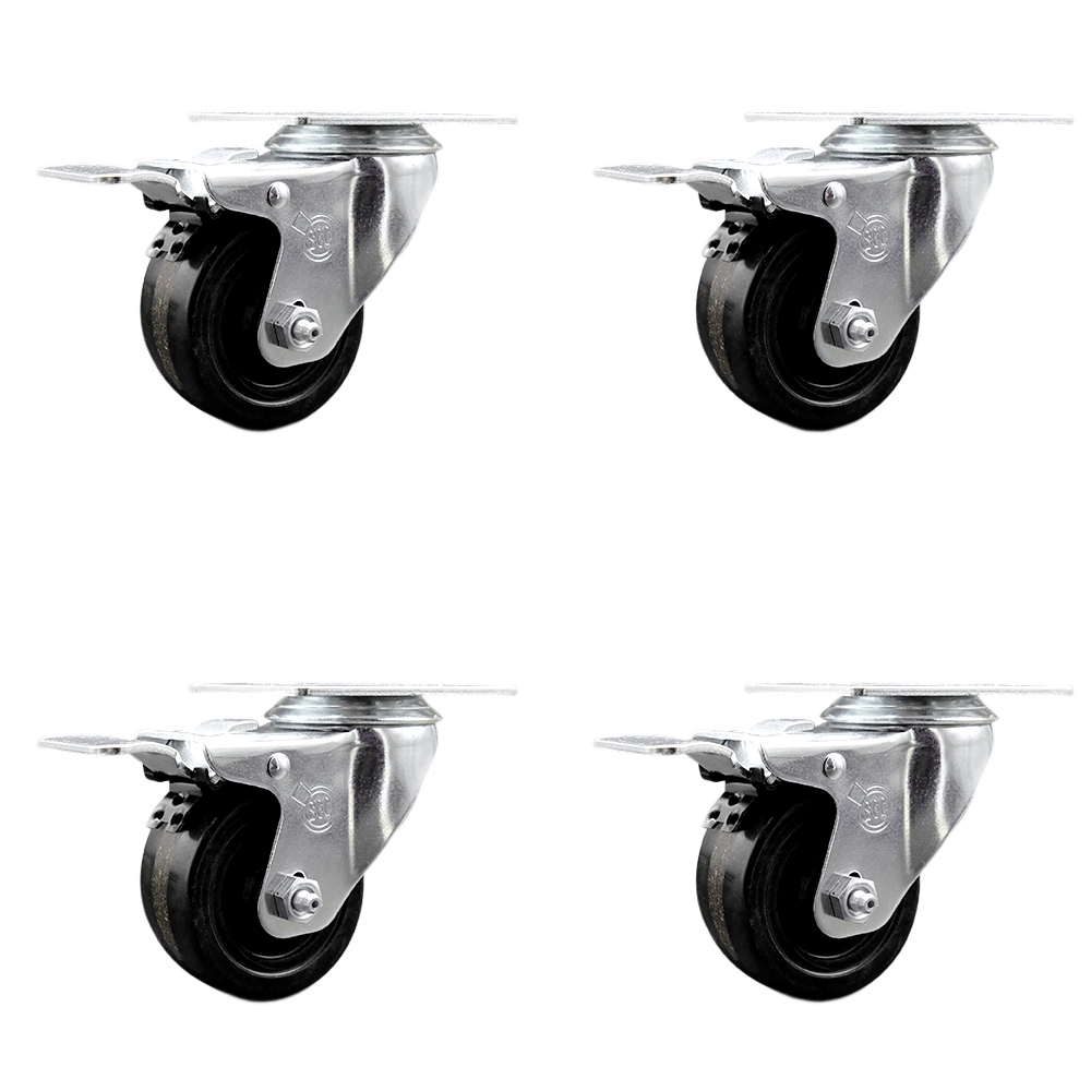 Phenolic Swivel Top Plate Caster Set of 4 with 3.5 Inch Black Wheels - Includes 4 Swivel with Total Lock Brakes - 1200 lbs. Total Capacity - Service Caster Brand — photo 1