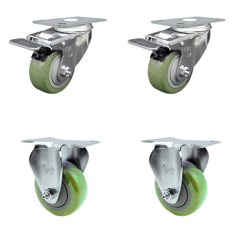 Stainless Steel Polyurethane Top Plate Caster Set of 4 w/3.5" x 1.25"  Green Wheels - 2 Swivel Casters w/Total Locking Brake & 2 Rigid - 1200 lbs Capacity/Caster - Service Caster Brand — photo 1