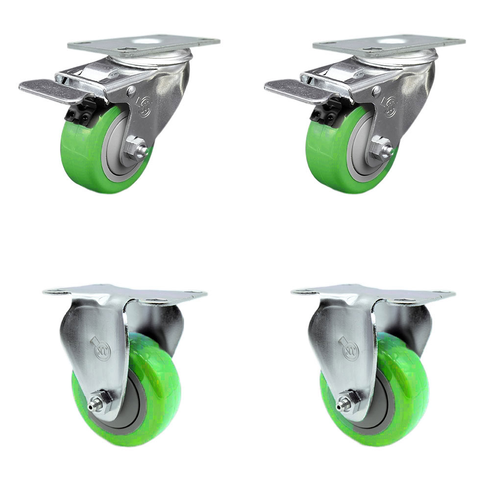 Polyurethane Swivel Top Plate Caster Set of 4 with 3.5 Inch Green Wheels - Includes 2 Swivel with Total Locking Brakes and 2 Rigid - 1200 lbs. Total Capacity - Service Caster Brand — photo 1