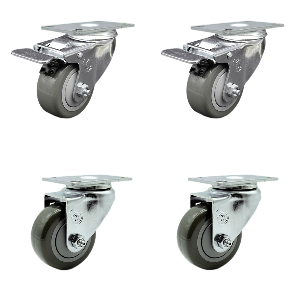 Polyurethane Swivel Top Plate Caster Set of 4 with 3.5 Inch Gray Wheels - Includes 2 Swivel with Total Locking Brakes and 2 Swivel - 1200 lbs. Total Capacity - Service Caster Brand — photo 1