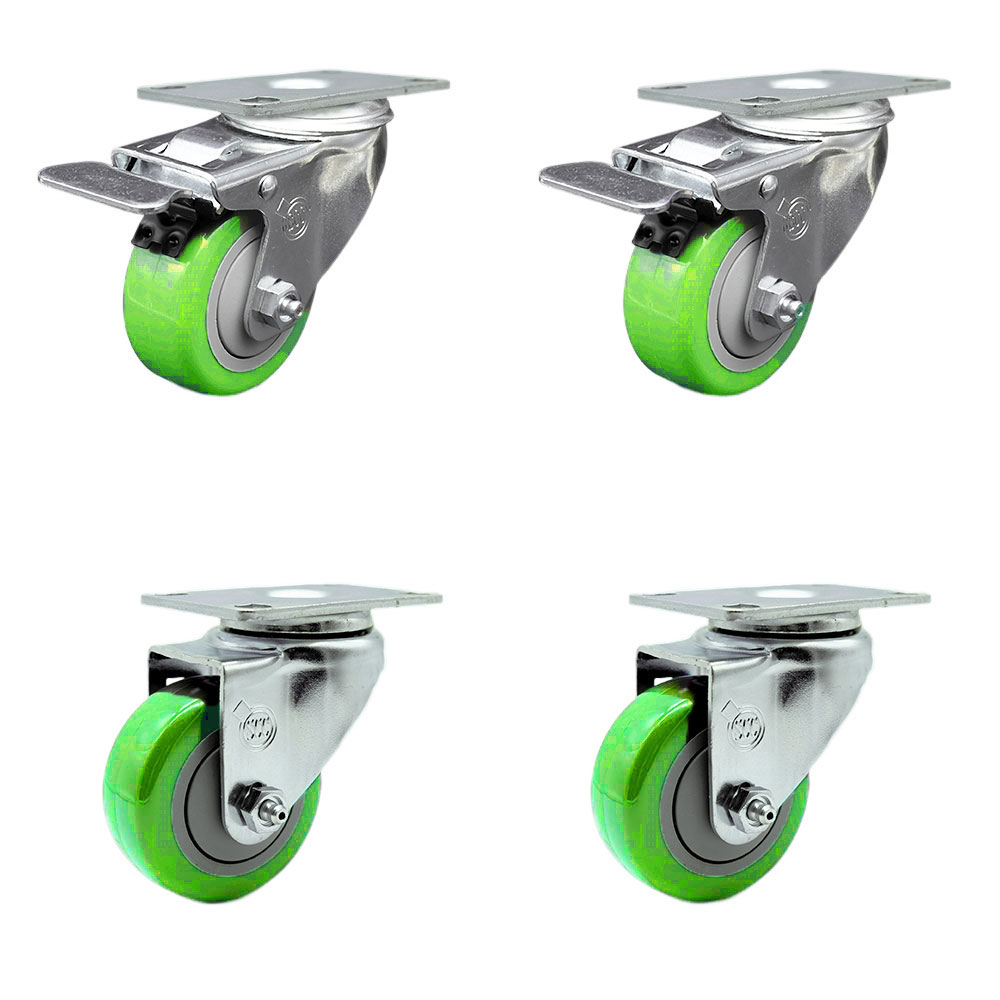 Polyurethane Swivel Top Plate Caster Set of 4 with 3.5 Inch Green Wheels - Includes 2 Swivel with Total Locking Brakes and 2 Swivel - 1200 lbs. Total Capacity - Service Caster Brand — photo 1