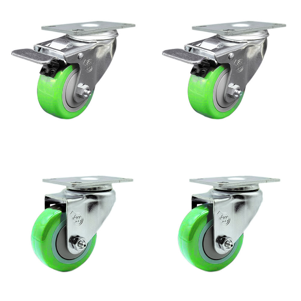 Stainless Steel Polyurethane Swivel Top Plate Caster Set of 4 w/3.5" x 1.25" Green Wheels - Includes 2 with Total Locking Brakes - 1200 lbs Total Capacity - Service Caster Brand — photo 1