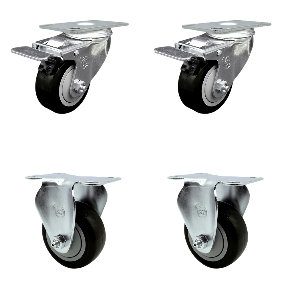 Polyurethane Swivel Top Plate Caster Set of 4 with 3.5 Inch Black Wheels - Includes 2 Swivel with Total Locking Brakes and 2 Rigid - 1200 lbs. Total Capacity - Service Caster Brand — photo 1