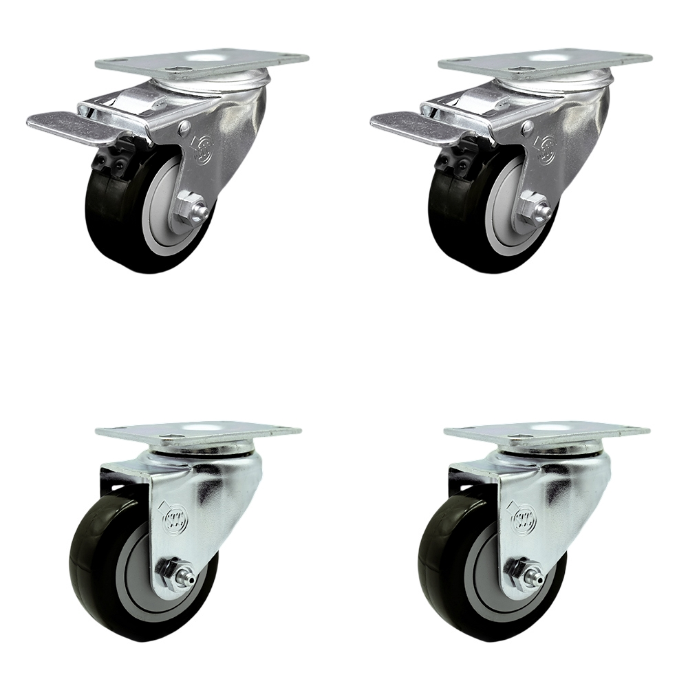 Polyurethane Swivel Top Plate Caster Set of 4 with 3.5 Inch Black Wheels - Includes 2 Swivel with Total Locking Brakes and 2 Swivel - 1200 lbs. Total Capacity - Service Caster Brand — photo 1