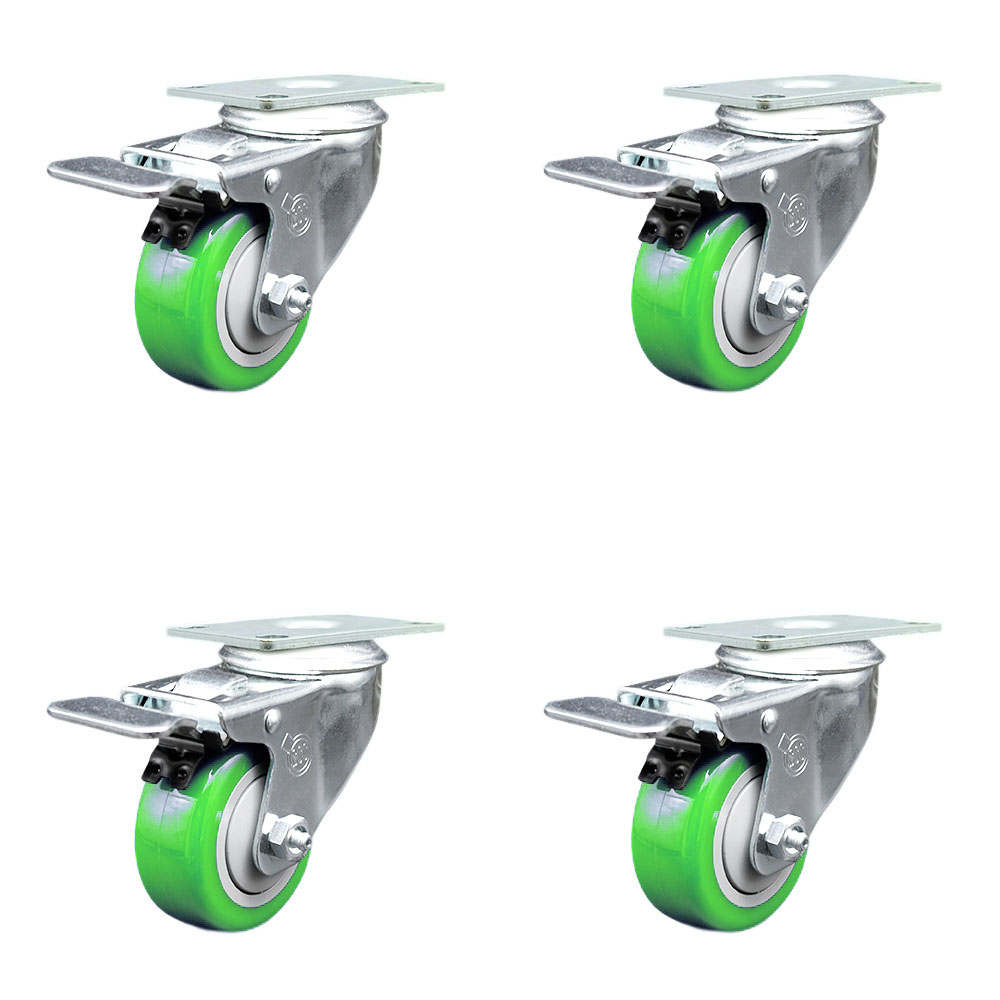 Polyurethane Swivel Top Plate Caster Set of 4 with 3.5 Inch Green Wheels - Includes 4 Swivel with Total Lock Brakes - 1200 lbs. Total Capacity - Service Caster Brand — photo 1