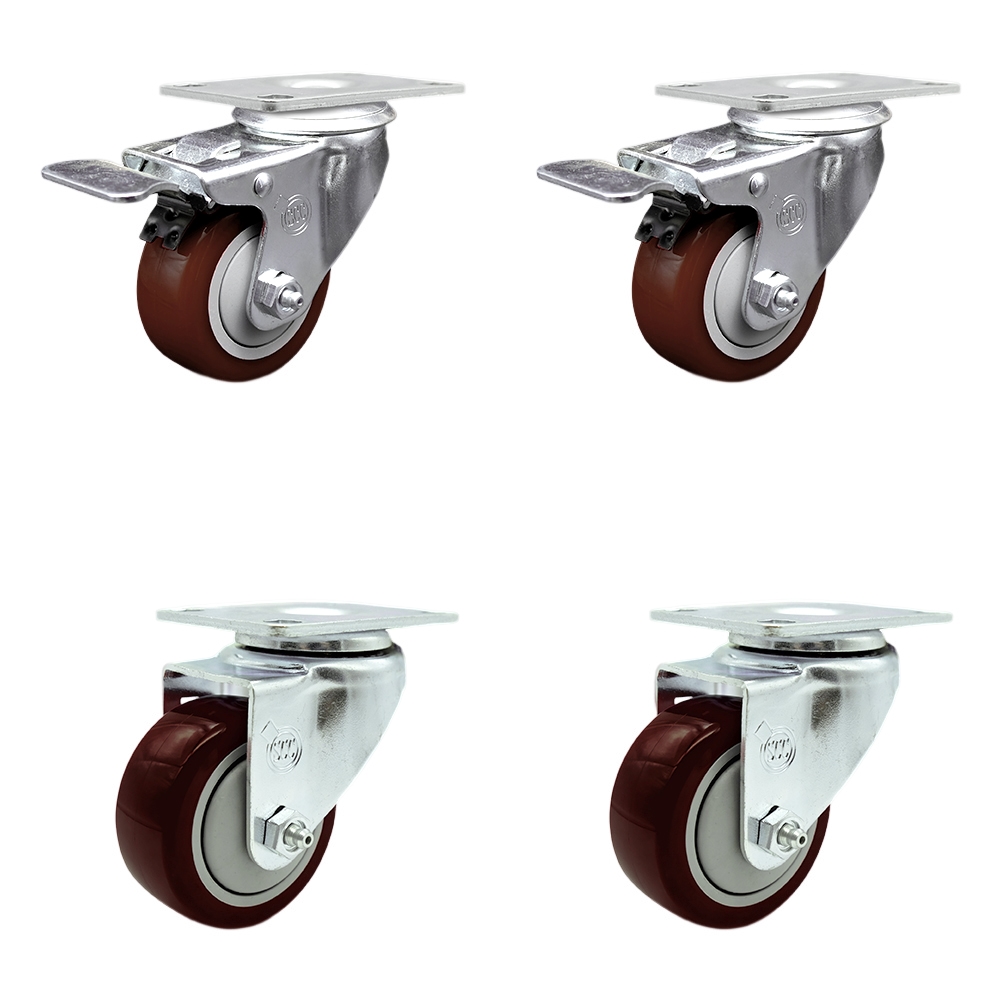 Polyurethane Swivel Top Plate Caster Set of 4 with 3.5 Inch Maroon Wheels - Includes 2 Swivel with Total Locking Brakes and 2 Swivel - 1200 lbs. Total Capacity - Service Caster Brand — photo 1