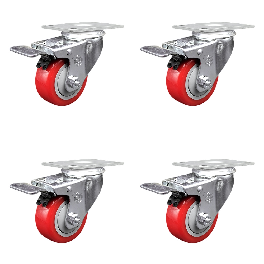 Polyurethane Swivel Top Plate Caster Set of 4 with 3.5 Inch Red Wheels - Includes 4 Swivel with Total Lock Brakes - 1200 lbs. Total Capacity - Service Caster Brand — photo 1