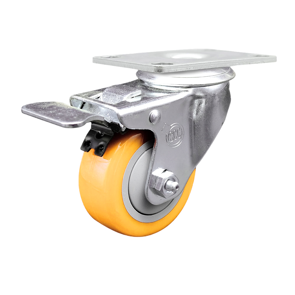 Polyurethane Swivel Top Plate Caster with 3.5 Inch Yellow Wheel and Total Locking Brake - 300 lbs. Capacity Per Caster - Service Caster Brand — photo 1