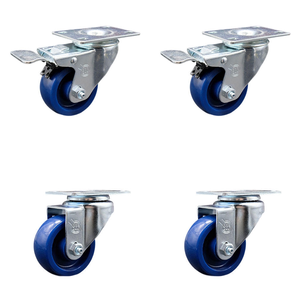 Solid Polyurethane Swivel Top Plate Caster Set of 4 w/3.5" x 1.25" Blue Wheels - Includes 2 Swivel with Total Locking Brakes & 2 Swivel - 1200 lbs Total Capacity - Service Caster Brand — photo 1