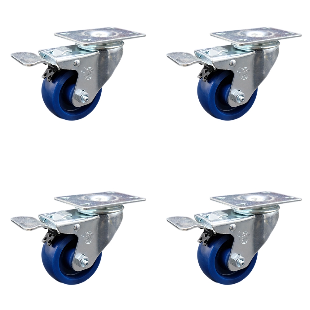 Solid Polyurethane Swivel Top Plate Caster Set of 4 w/3.5" x 1.25" Blue Wheels - Includes 4 Swivel with Total Lock Brakes - 1200 lbs Total Capacity - Service Caster Brand — photo 1