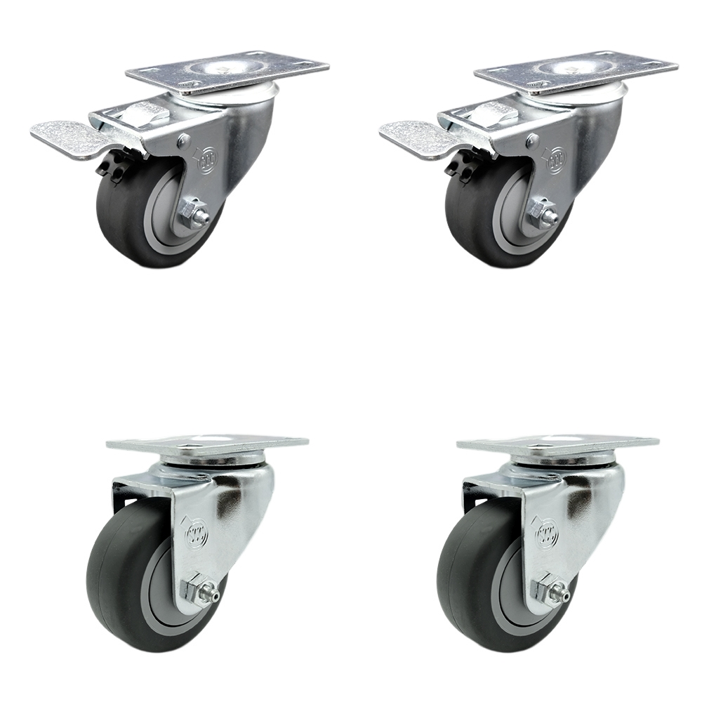 Thermoplastic Rubber Swivel Top Plate Caster Set of 4 with 3.5 Inch Gray Wheels - Includes 2 Swivel with Total Locking Brakes and 2 Swivel - 920 lbs. Total Capacity - Service Caster Brand — photo 1