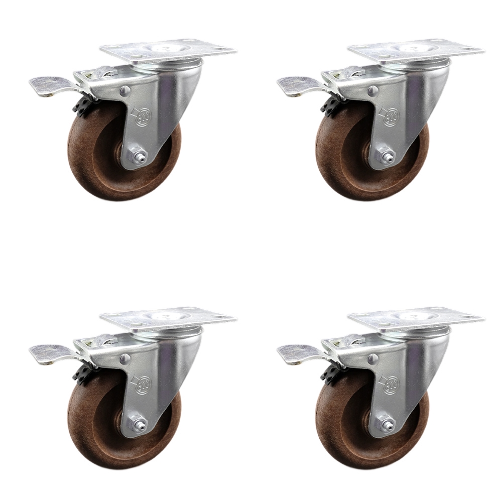 High Temperature Glass Filled Nylon Swivel Top Plate Caster Set of 4 with 4 Inch Brown Wheels - Includes 4 Swivel with Total Lock Brakes - 1400 lbs. Total Capacity-Service Caster Brand — photo 1