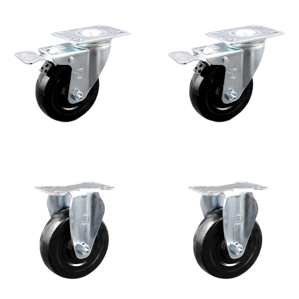 Hard Rubber Swivel Top Plate Caster Set of 4 with 4 Inch Black Wheels - Includes 2 Swivel with Total Locking Brakes and 2 Rigid - 1200 lbs. Total Capacity - Service Caster Brand — photo 1