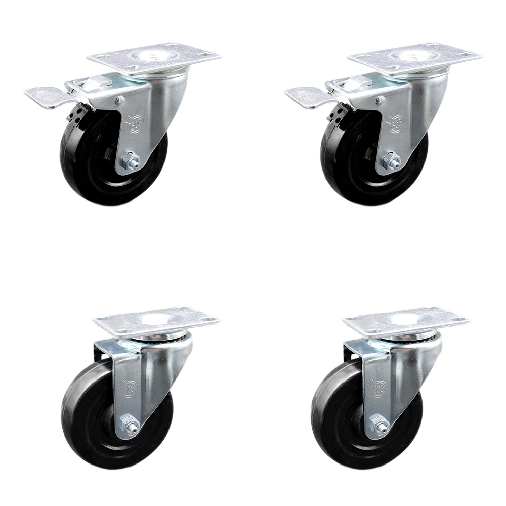 Hard Rubber Swivel Top Plate Caster Set of 4 with 4 Inch Black Wheels - Includes 2 Swivel with Total Locking Brakes and 2 Swivel - 1200 lbs. Total Capacity - Service Caster Brand — photo 1