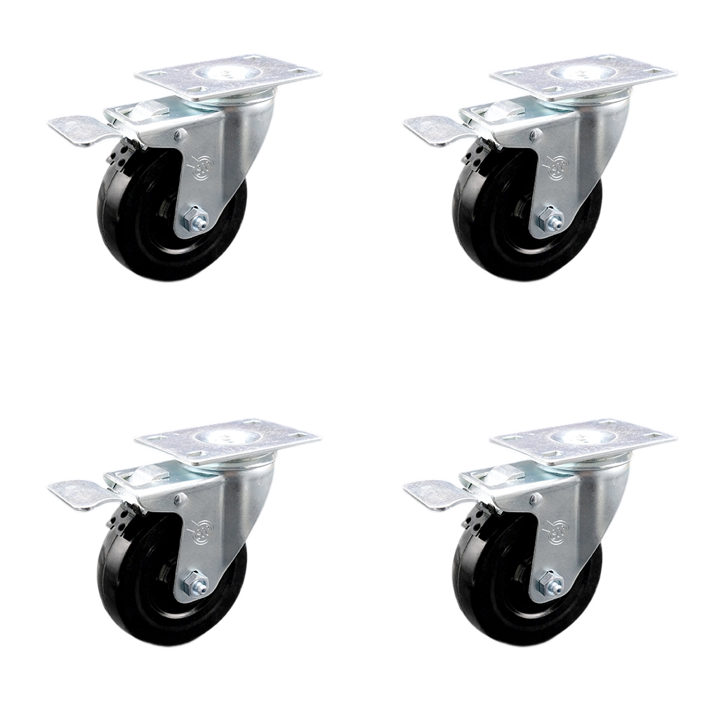 Hard Rubber Swivel Top Plate Caster Set of 4 with 4 Inch Black Wheels - Includes 4 Swivel with Total Lock Brakes - 1200 lbs. Total Capacity - Service Caster Brand — photo 1