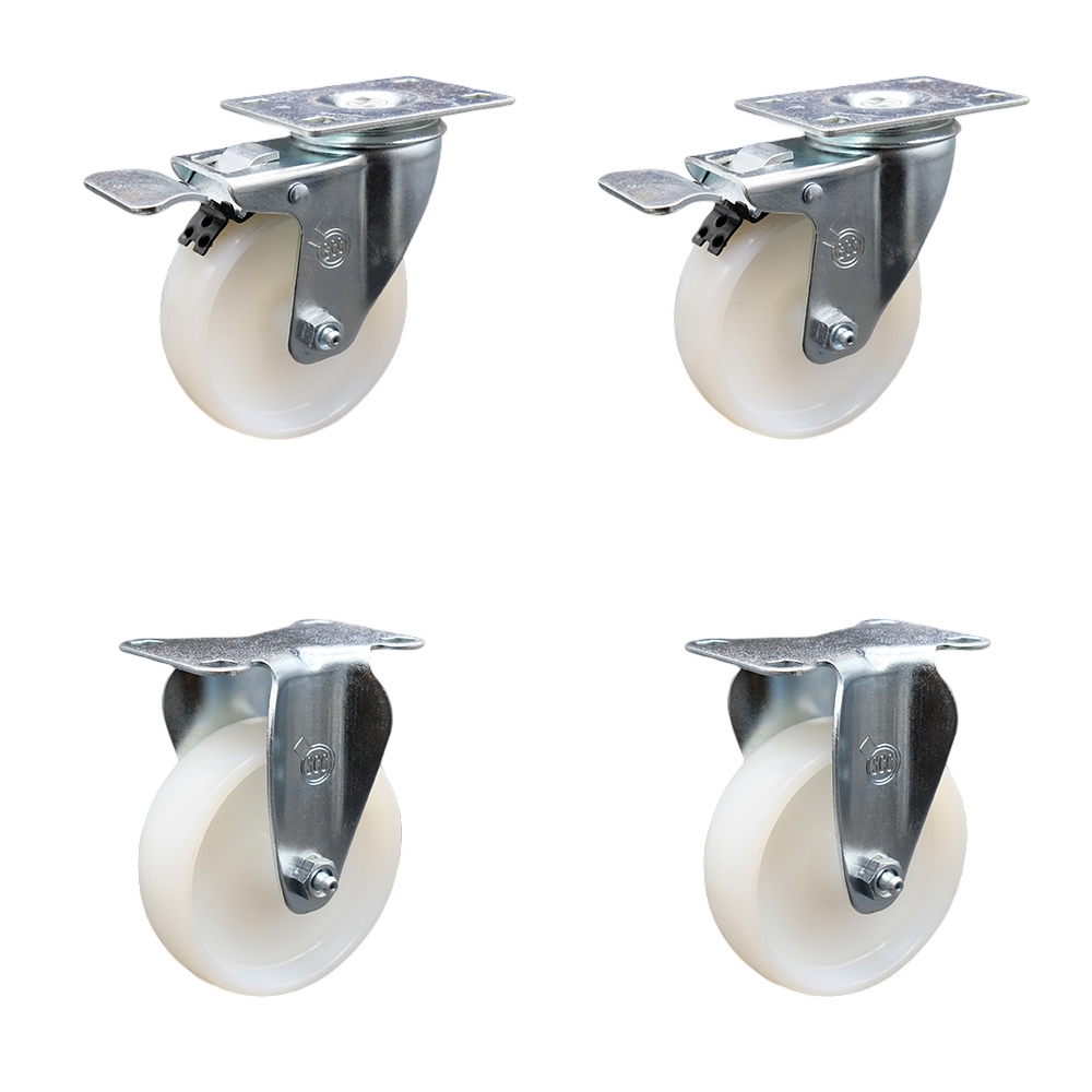 Nylon Swivel Top Plate Caster Set of 4 with 4 Inch White Wheels - Includes 2 Swivel with Total Locking Brakes and 2 Rigid - 1200 lbs. Total Capacity - Service Caster Brand — photo 1