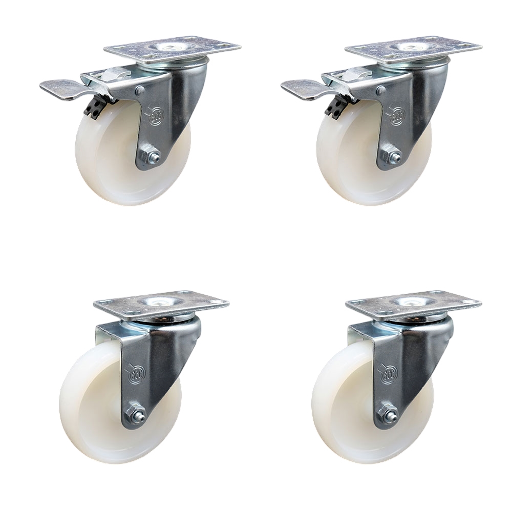 Nylon Swivel Top Plate Caster Set of 4 with 4 Inch White Wheels - Includes 2 Swivel with Total Locking Brakes and 2 Swivel - 1200 lbs. Total Capacity - Service Caster Brand — photo 1