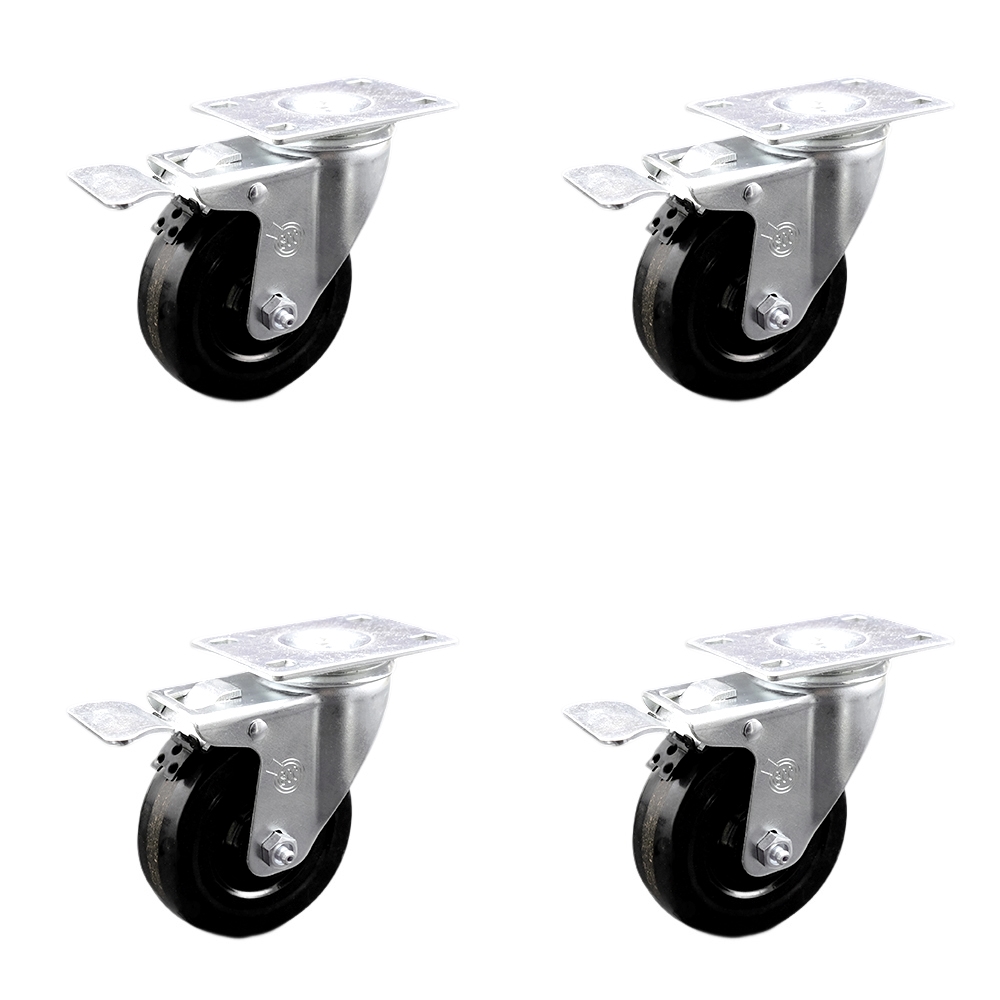 Phenolic Swivel Top Plate Caster Set of 4 with Roller Bearings - 4 Inch Black Wheels - Includes 4 Swivel with Total Lock Brakes - 1200 lbs. Total Capacity - Service Caster Brand — photo 1