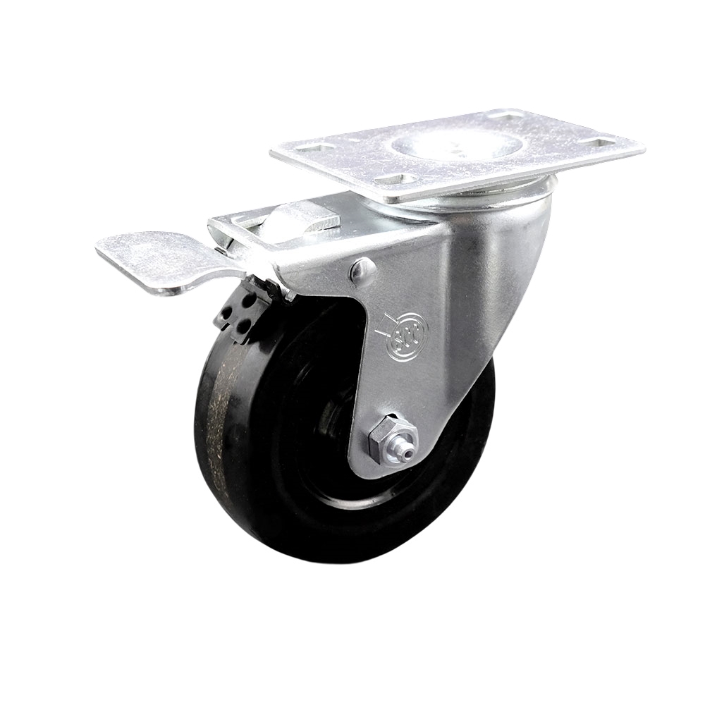 Phenolic Swivel Top Plate Caster with Roller Bearing - 4 Inch Black Wheel and Total Locking Brake - 300 lbs. Capacity Per Caster - Service Caster Brand — photo 1