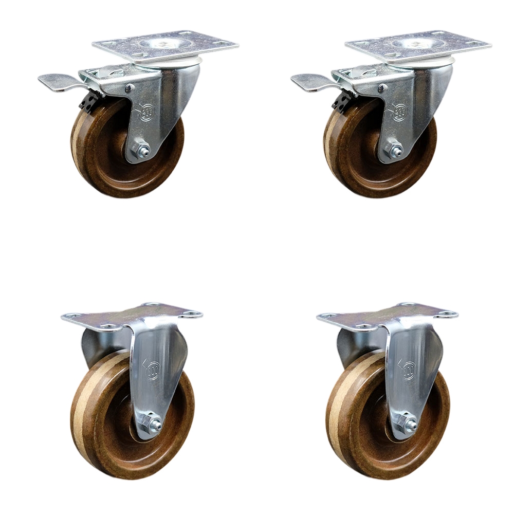High Temperature Phenolic Swivel Top Plate Caster Set of 4 with Roller Bearings - 4 Inch Wheels - Include 2 Swivel with Total Locking Brakes and 2 Rigid-1200 lbs. Total Capacity - Service Caster Brand — photo 1