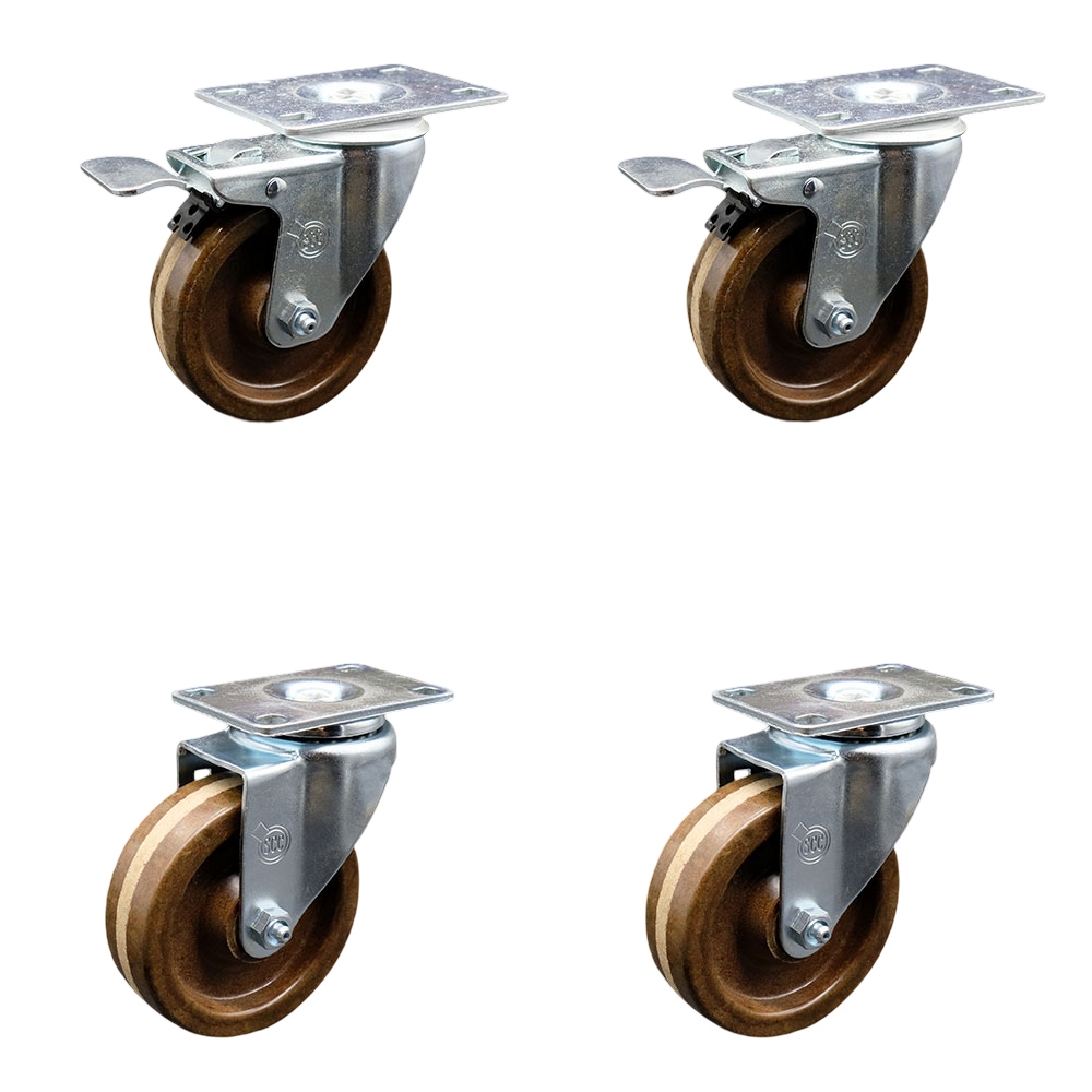 High Temperature Phenolic Swivel Top Plate Caster Set of 4 with Roller Bearings - 4 Inch Wheel - Include 2 Swivel with Total Locking Brakes and 2 Swivel-1200 lbs. Total Capacity - Service Caster Brand — photo 1