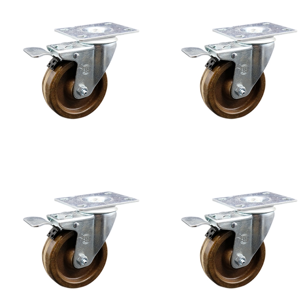 High Temperature Phenolic Swivel Top Plate Caster Set of 4 with 4 Inch Brown Wheels - Includes 4 Swivel with Total Lock Brakes - 1200 lbs. Total Capacity - Service Caster Brand — photo 1
