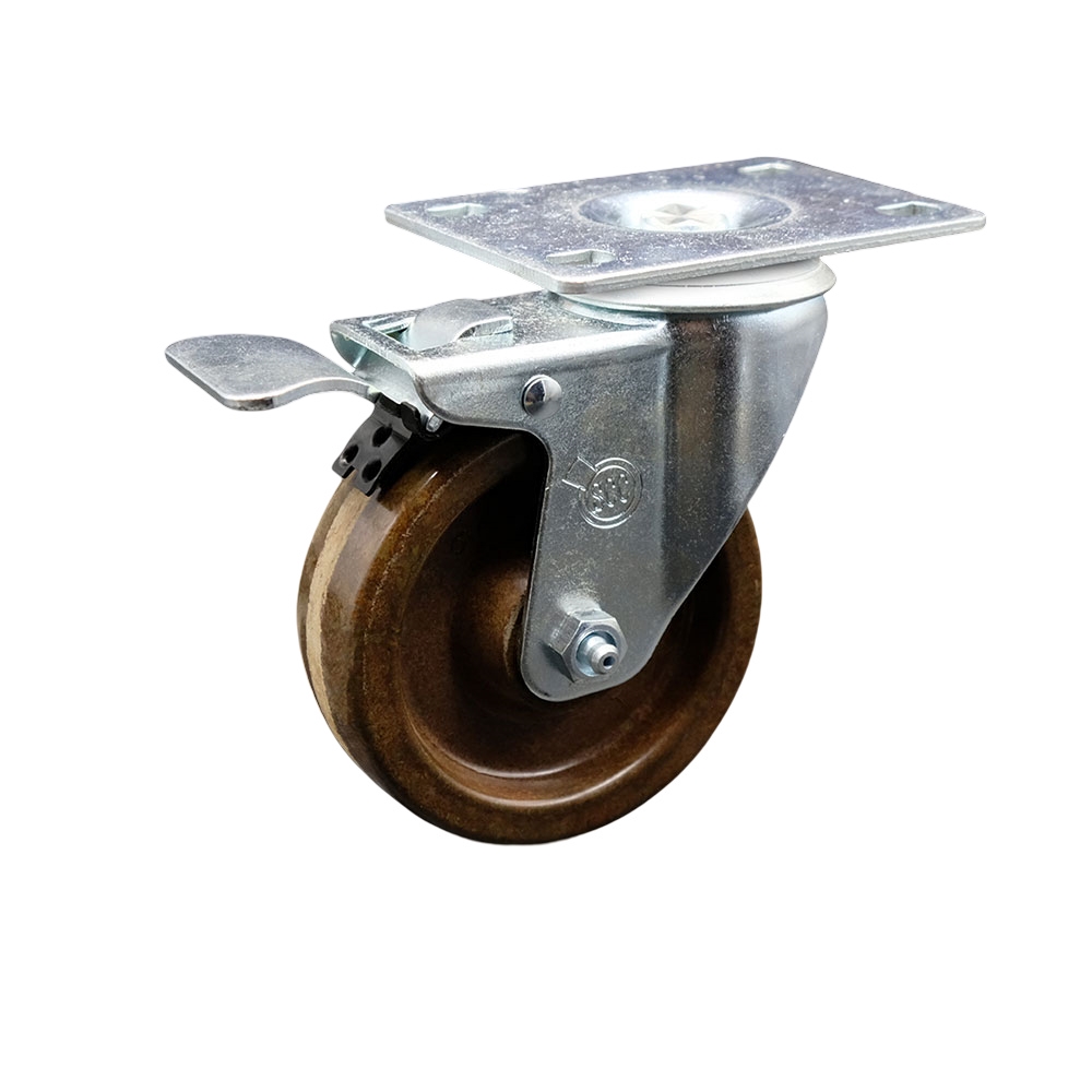 High Temperature Phenolic Swivel Top Plate Caster with Roller Bearing - 4 Inch Brown Wheel and Total Locking Brake - 300 lbs. Capacity Per Caster - Service Caster Brand — photo 1