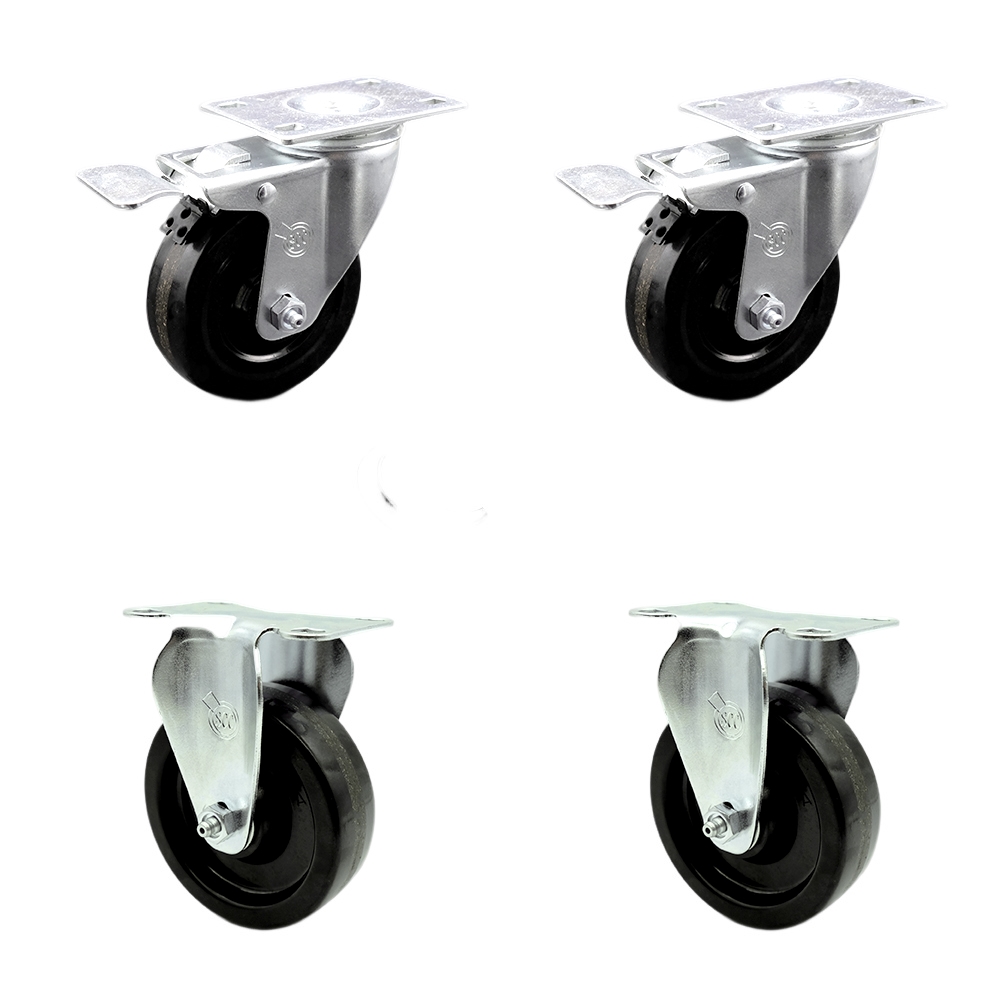 Phenolic Swivel Top Plate Caster Set of 4 with 4 Inch Black Wheels - Includes 2 Swivel with Total Locking Brakes and 2 Rigid - 1200 lbs. Total Capacity - Service Caster Brand — photo 1