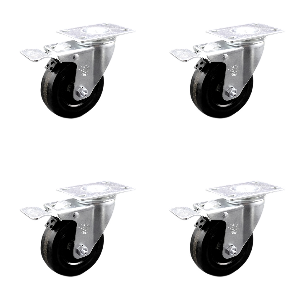 Phenolic Swivel Top Plate Caster Set of 4 with 4 Inch Black Wheels - Includes 4 Swivel with Total Lock Brakes - 1200 lbs. Total Capacity - Service Caster Brand — photo 1