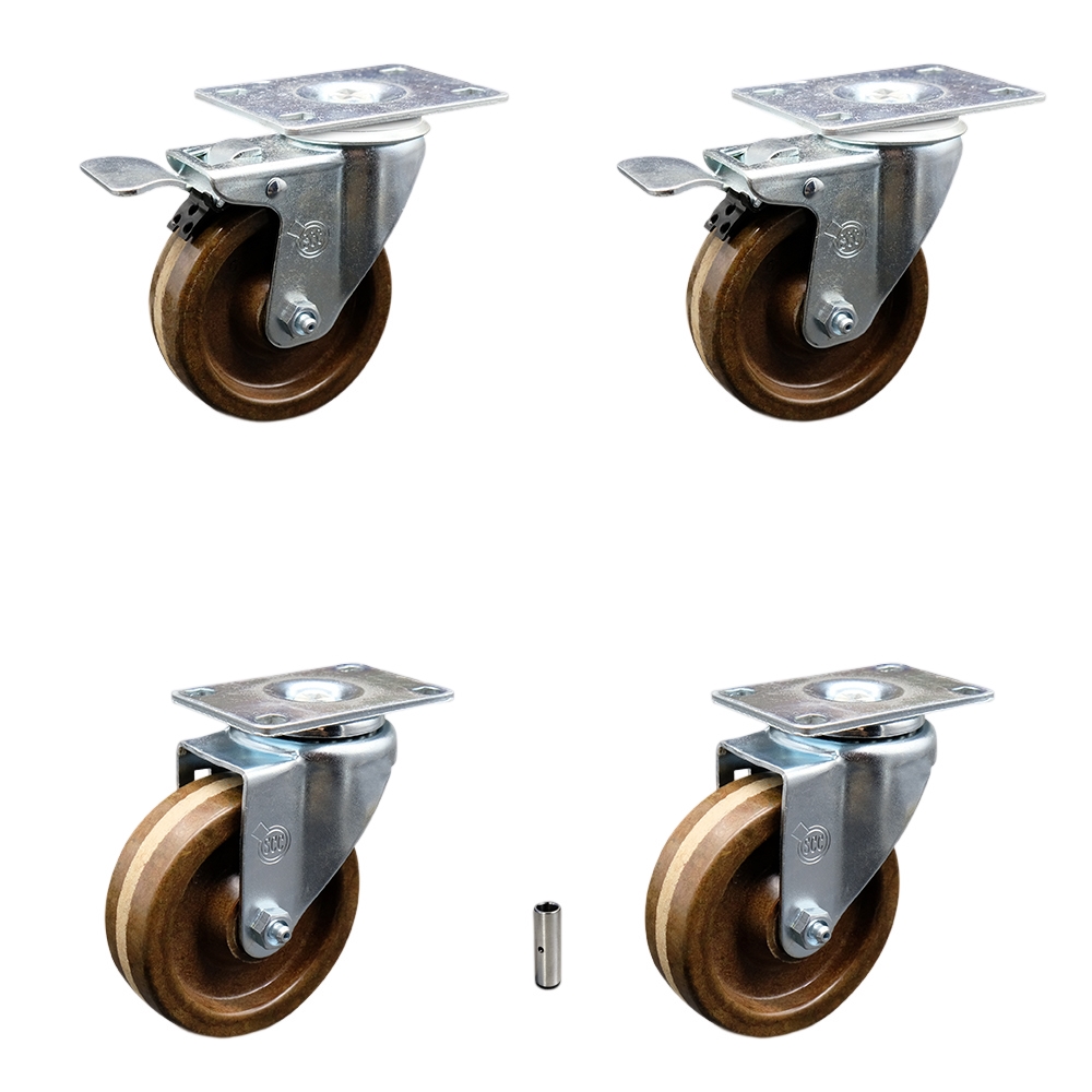 High Temperature Phenolic Swivel Top Plate Caster Set of 4 with 4 Inch Wheels - Includes 2 Swivel with Total Locking Brakes and 2 Swivel-1200 lbs. Total Capacity - Service Caster Brand — photo 1